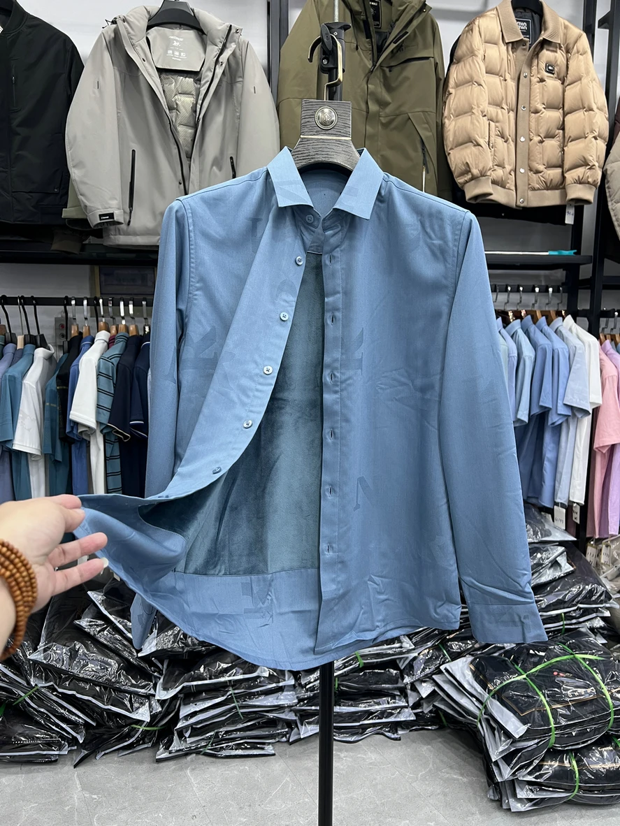 

Men's Fce Lined Long Sve irt Thi Warm Floral Embroidery Busin Commute Simple Sle Winter Clothing Stand Fit