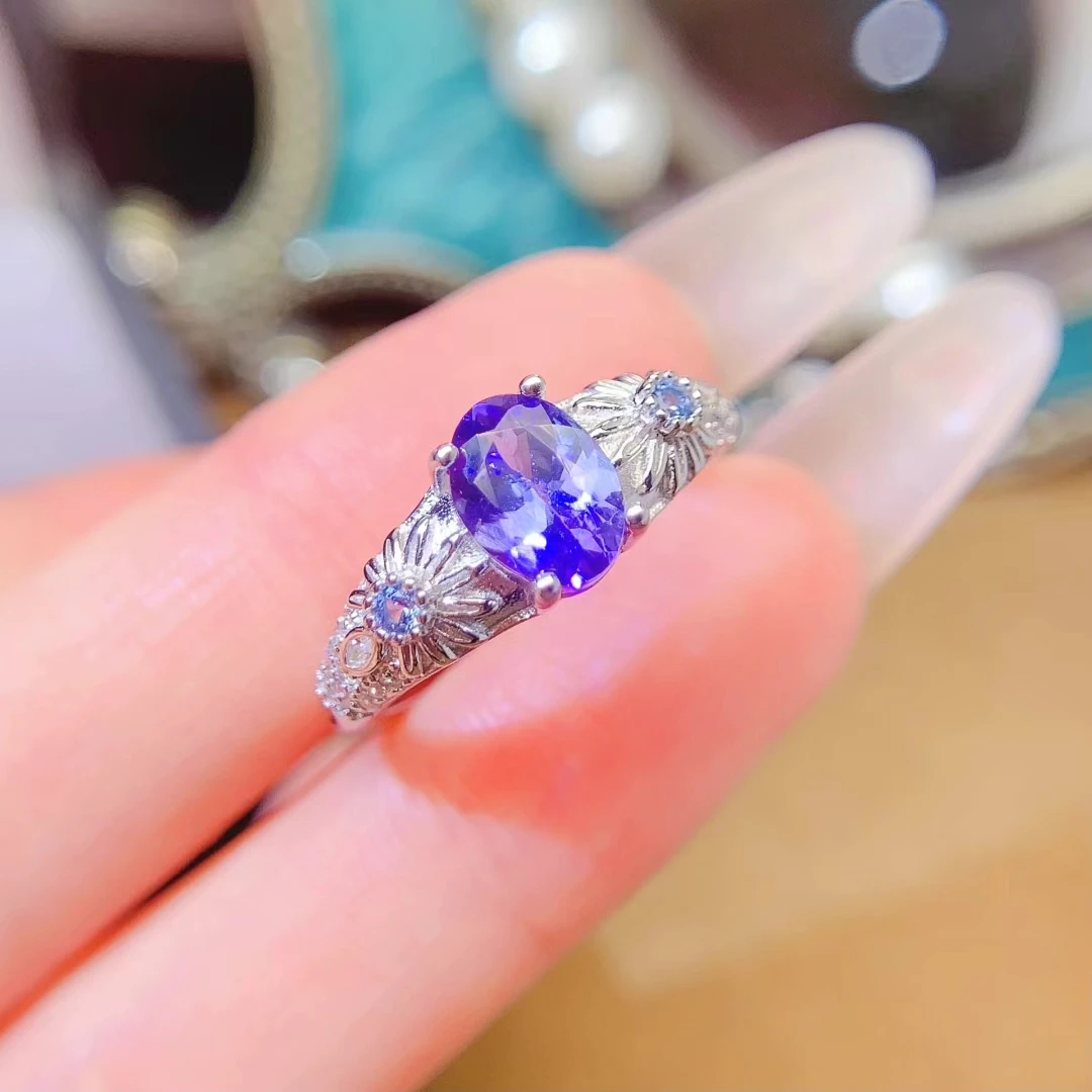 Luxury Natural Tanzanite Wedding Ring 6mm*8mm 1ct Genuine Tanzanite 925 Silver Ring with 3 Layers 18K Gold Plating
