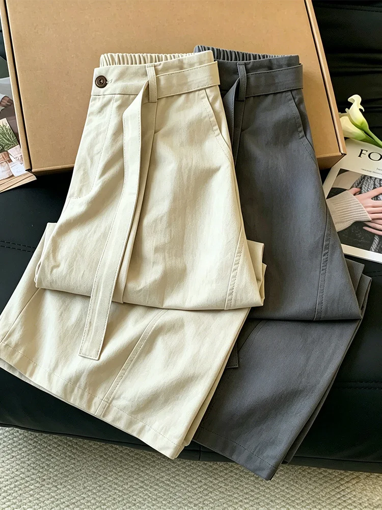 

High Waist Wide Leg Cotton Linen Belted Casual Pants Women's Summer New Style Loose Fit Seven Feet Trousers Workwear Style