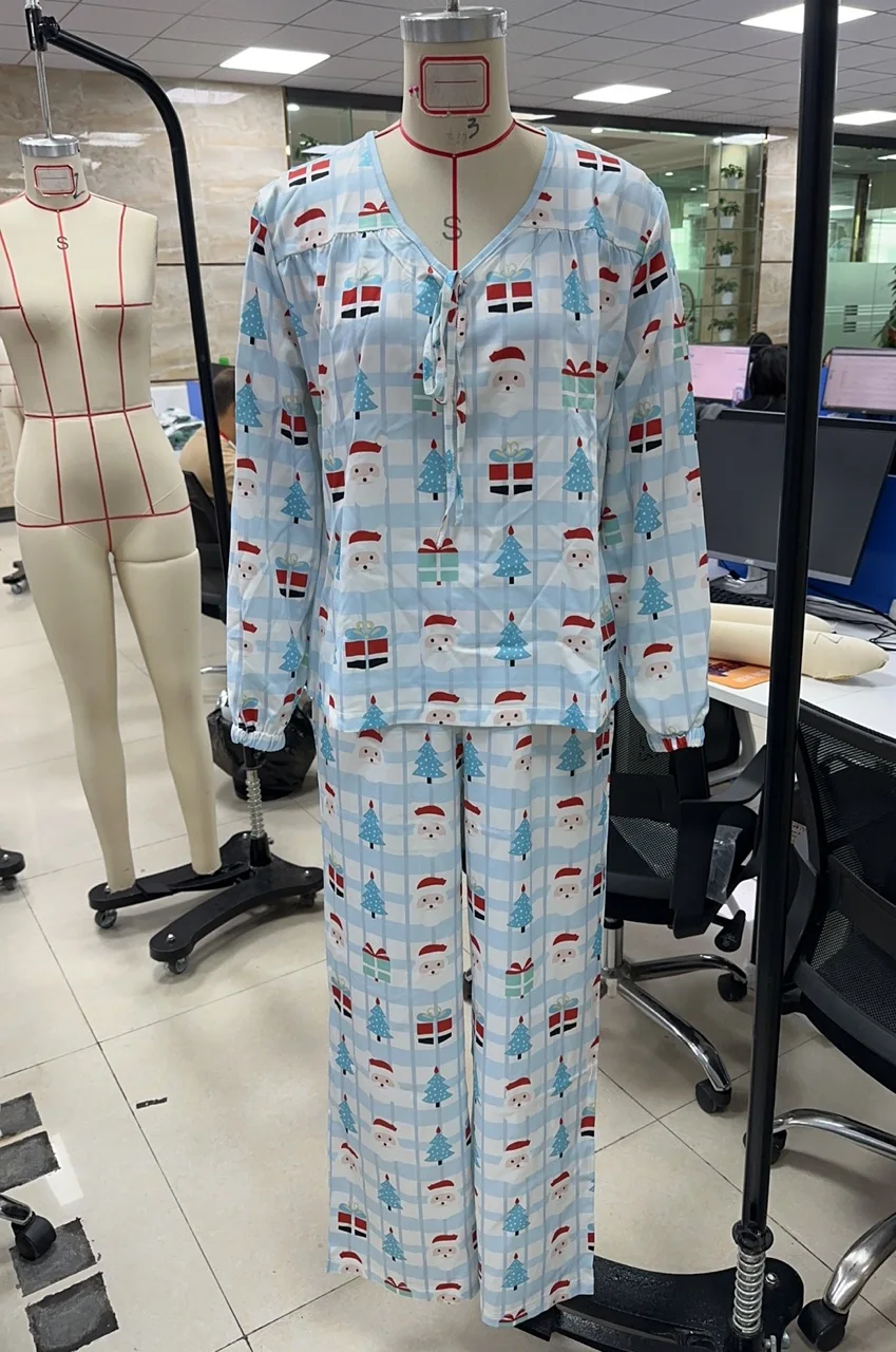 

Women's Christmas Pajama Set Long Sleeve Lapel Button Up Santa Claus Tree Print Shirt and Pants Two Piece Lounge Set Night Wear