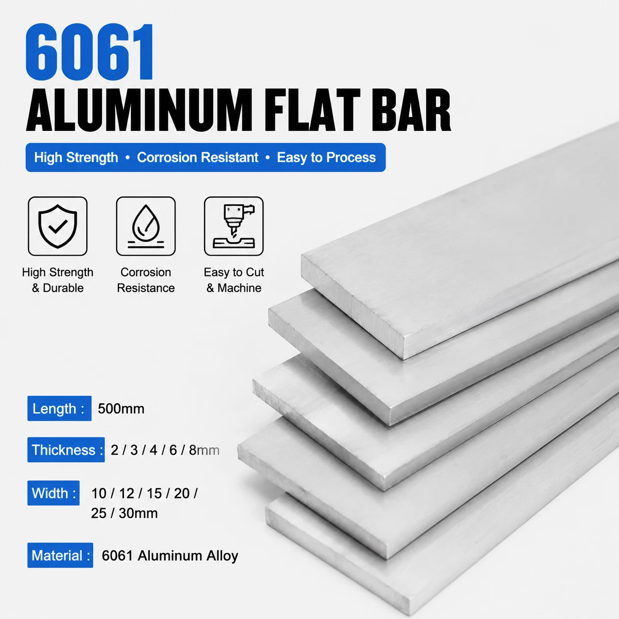 1-5Pcs 6061 Aluminum Flat Bar 500mm, Solids Mill Stock Rectangle Bar for CNC Machining, Metalworking, Industrial & DIY Use