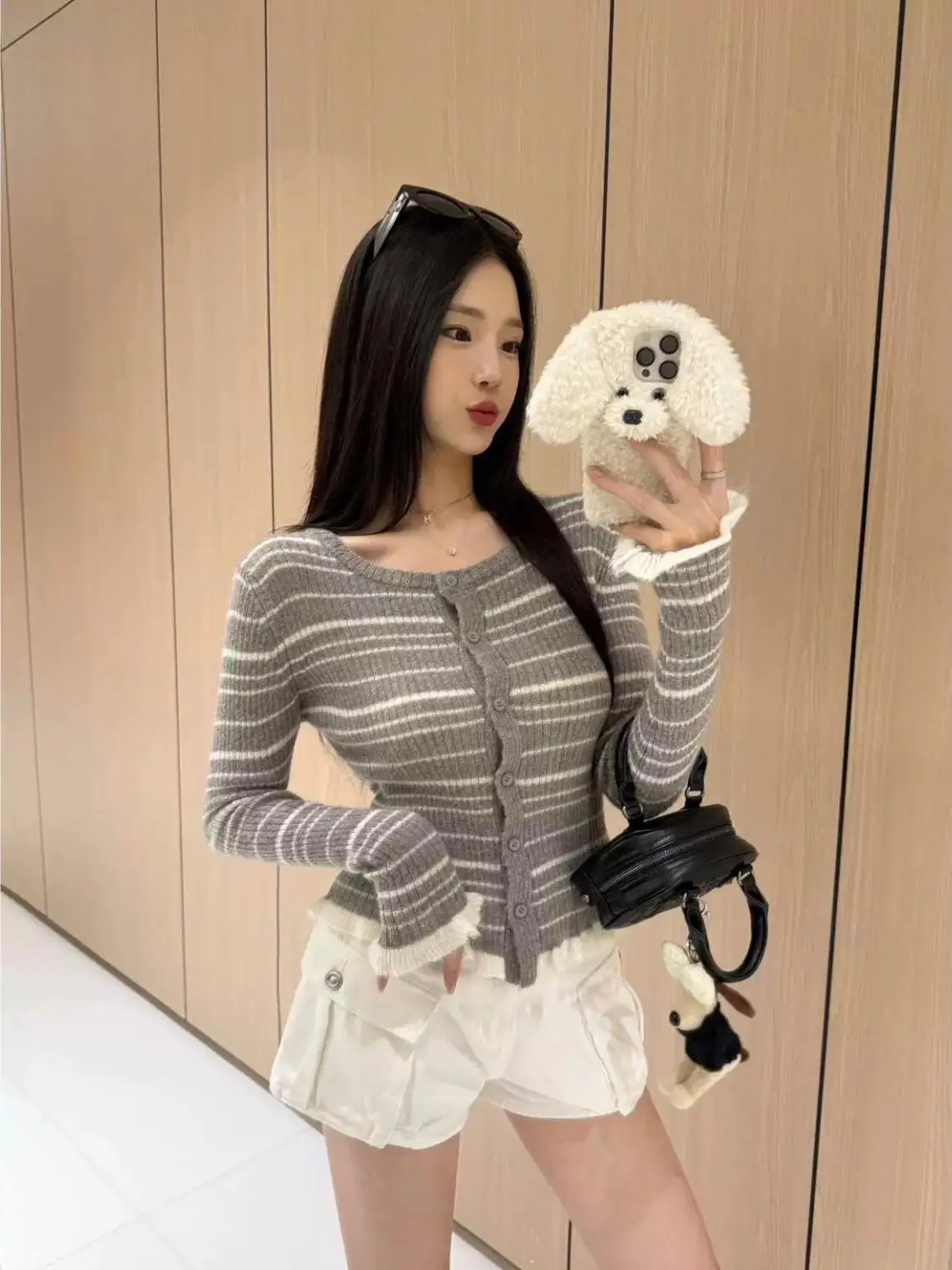 

Women's Slim Fit Knitted Long Sve Cardigan Sweet And Spicy Color Blo Striped Design Faionable Lace Trim Top for Autumn