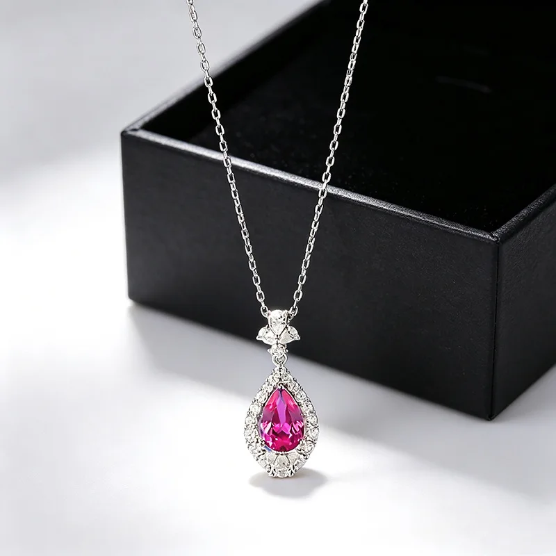S925 Silver Necklace 6*9mm Pear‑Cut Fuchsia Lab‑Created Gemstone Halo Pendant Necklace Decorative Top Zircon Accent Dainty Fine