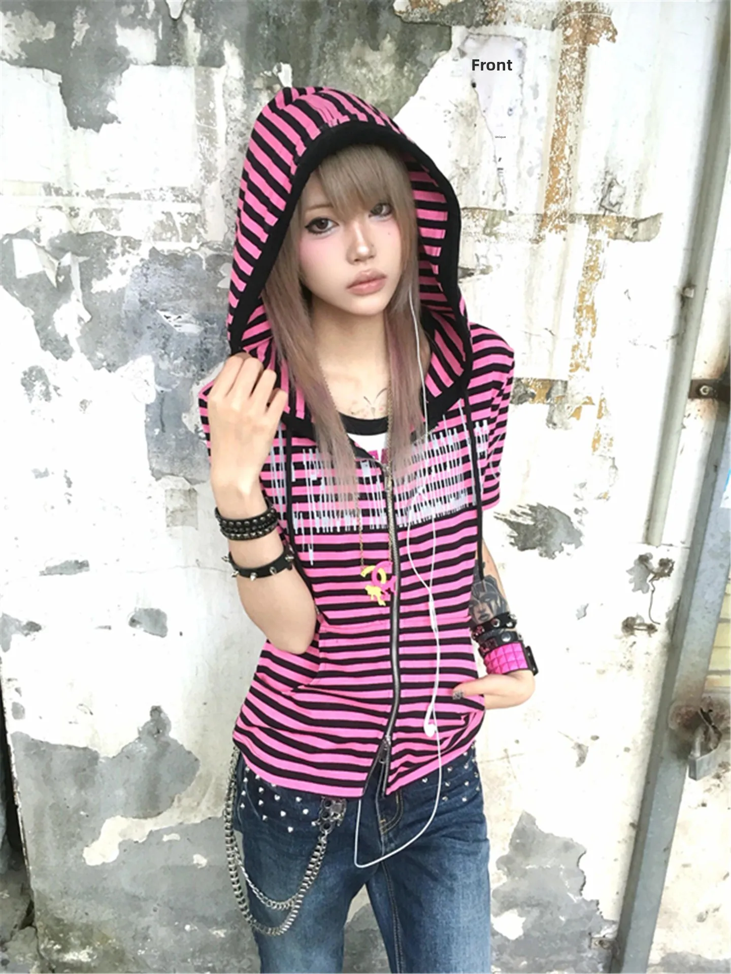 

Summer Y2K Millennium Punk Style Women's T-Shirt Midi Sleeve Hoodie Striped Short Sleeve Top Breathable Skin-Friendly Casual ...