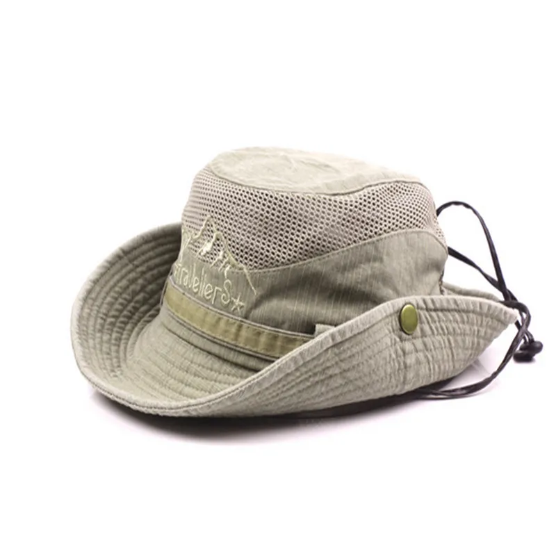 Men Bucket Cap with Adjustable Strap Letters Embroidery Pattern Fisherman Hat Hollow Out Cowboy Cap Clothes Accessories