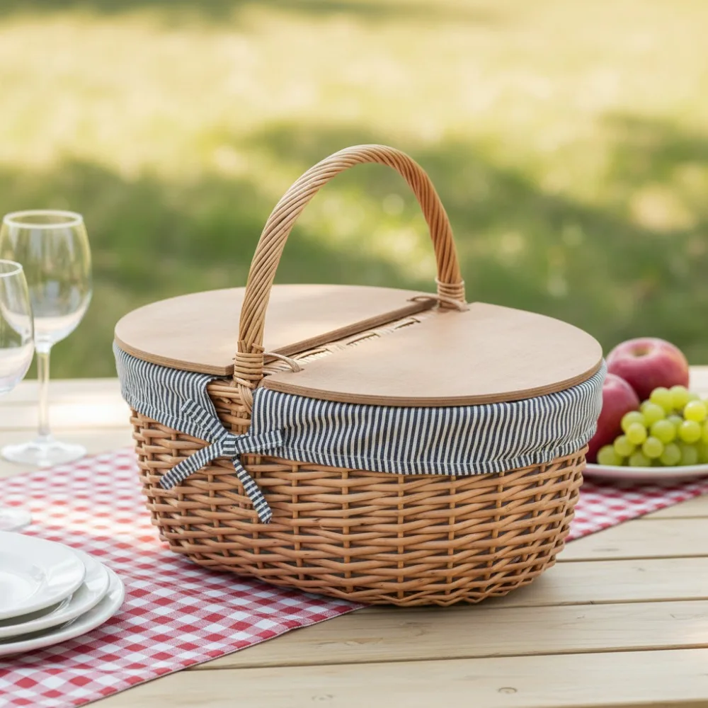 

Vintage Wicker Picnic Basket with Split-Lid Design, Removable Washable Liner - Perfect for Couples Outdoor Dining