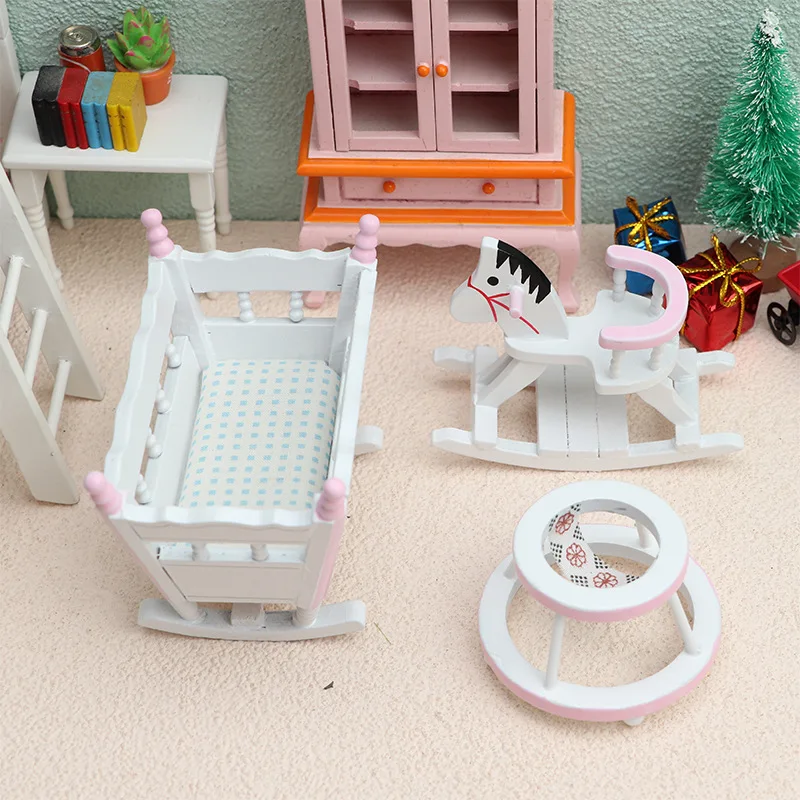3pcs/set 1/12 Scale Mini Wooden Children's Cradle  Small Wooden Horse and Gocart Baby Walker Model for 6''Body DIY