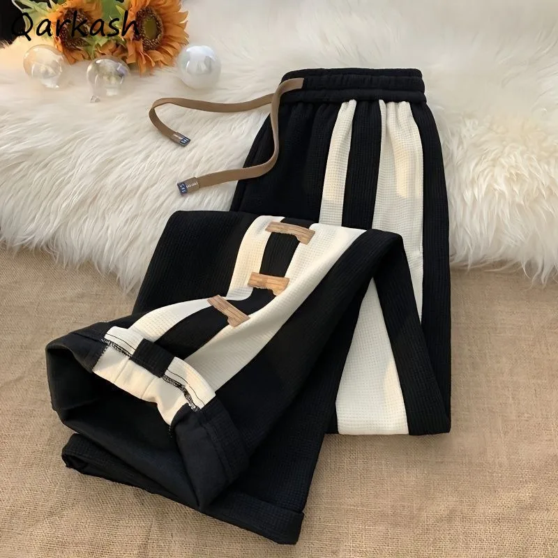 

High Waist Sweatpants Women Wide Leg Trendy INS Panelled Autumn Warm Plus Velvet Lace Up Design Patchwork All-match Leisure Cozy