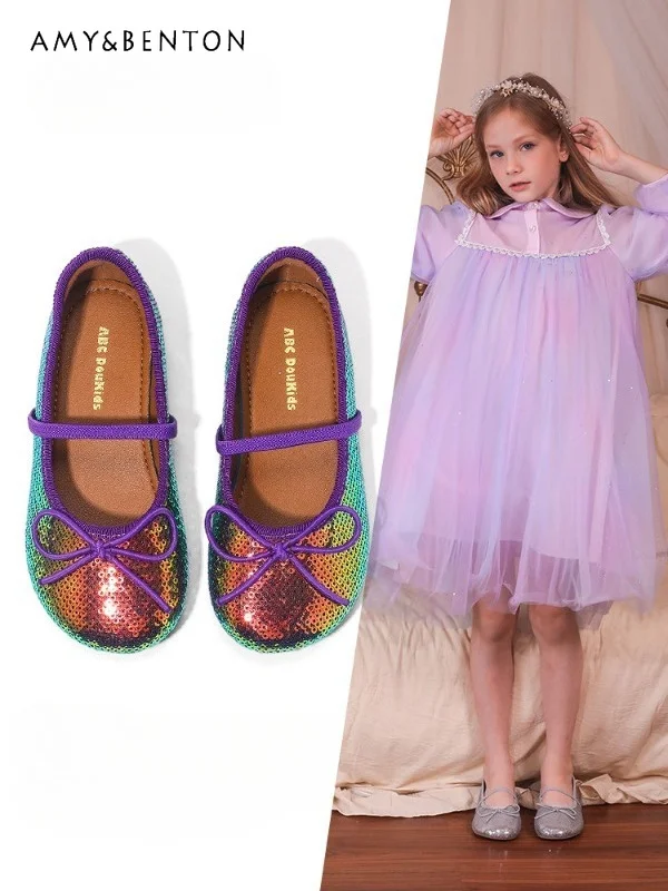 Shiny Sequin Girls Mary Jane Flats Cute Bow Strap Soft Sole Lightweight Princess Dress Shoes for Spring Summer Children's Shoes