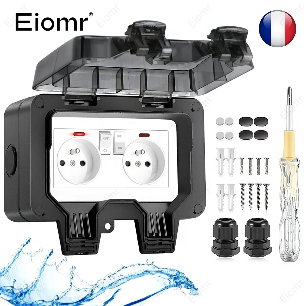 

EIOMR French Outdoor Waterproof Socket, 220V 16A Splashproof Electrical Outlet Double with Switch for Patio Garage External Use