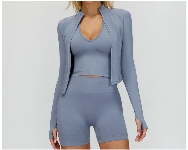 VITALINOVO Damen Cropped Running Workout Jacken mit Reißverschluss, schmal geschnittene Sportjacken mit Daumenlöchern, nahtlose, dehnbare Trainingsjacken – Detail 12