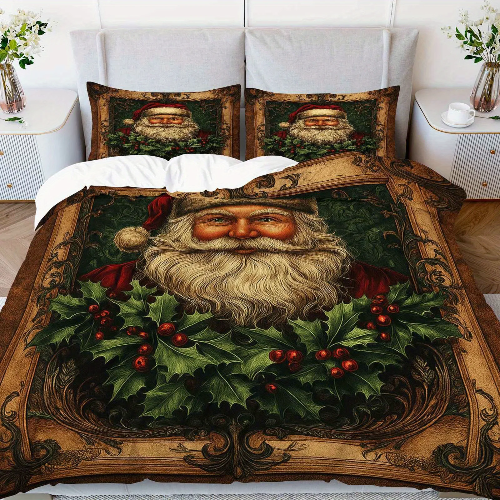 

3pcs Vintage Santa Claus Holly Wreath Duvet Cover Set - Festive Christmas Bedding with Zipper Closure Machine Washable Polyester