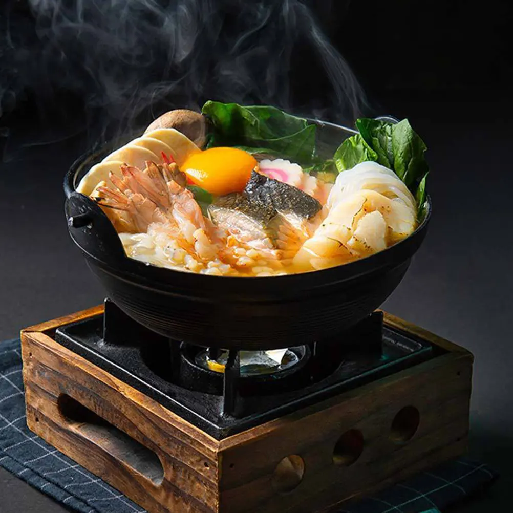 Olla Sukiyaki Antiadherente Estilo Japonés, de Hierro y Madera Resistente a Altas Temperaturas, para Acampar, Olla Práctica para Exteriores