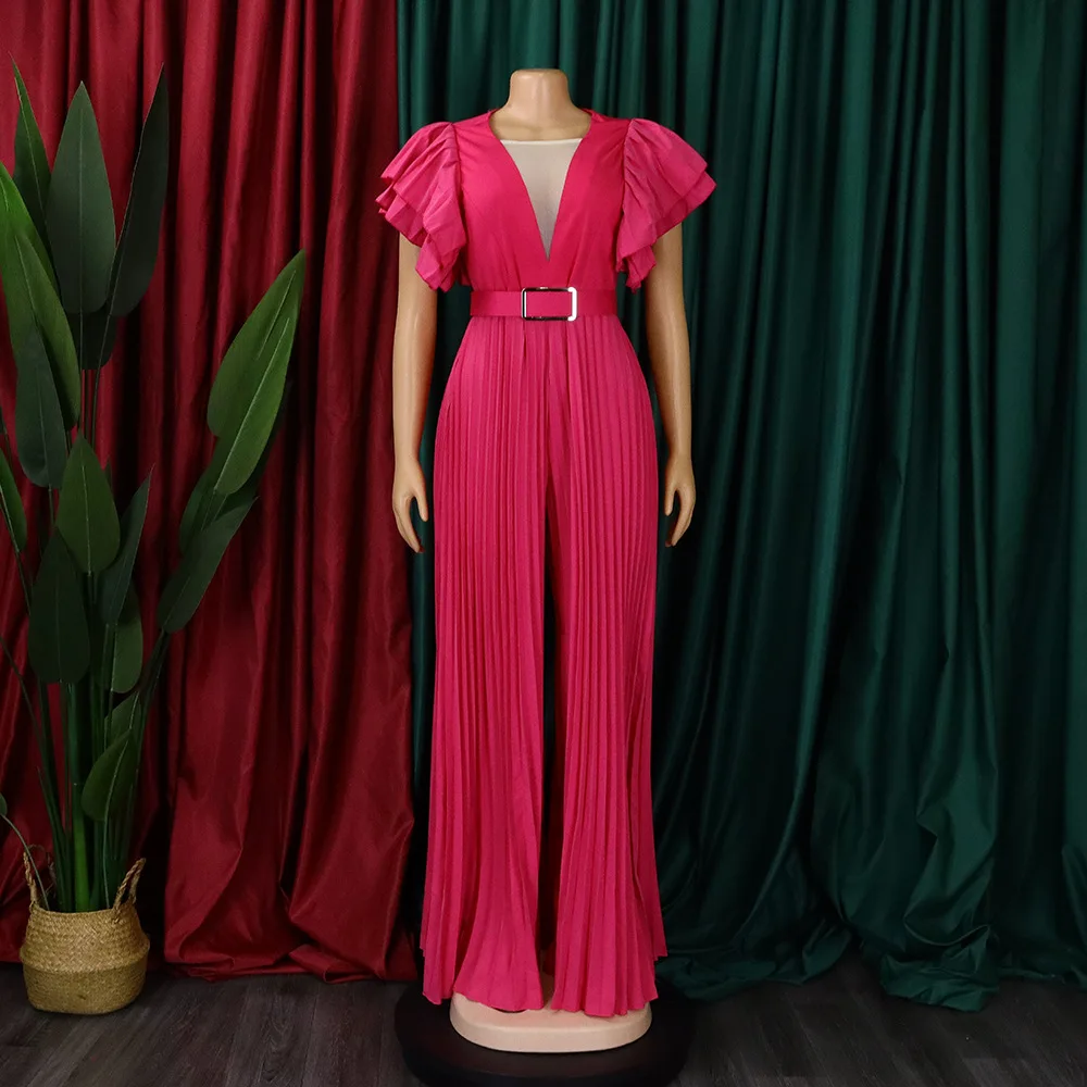 Luxury Pleated Jumpsuits & Rompers Women 2024 New V Neck Ruffles Sleeve Belt Waisted Floor Length Elegant Birthday Overalls Hot