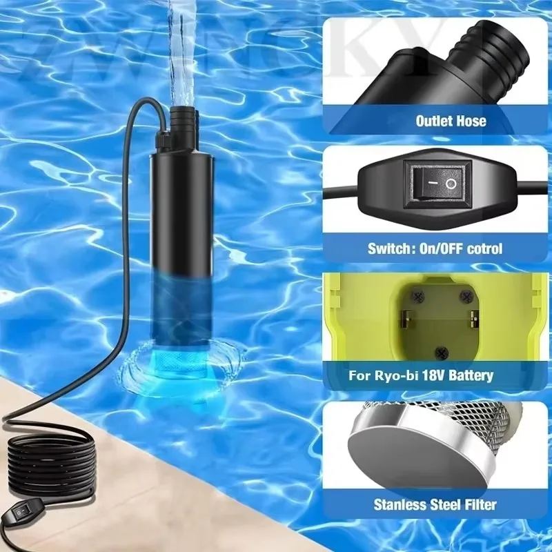 For Ryobi 18V Lithium Batteries Portable Cordless Submersible Pump Multi-purpose Submersible Pump for Garden Water Transfer Pump