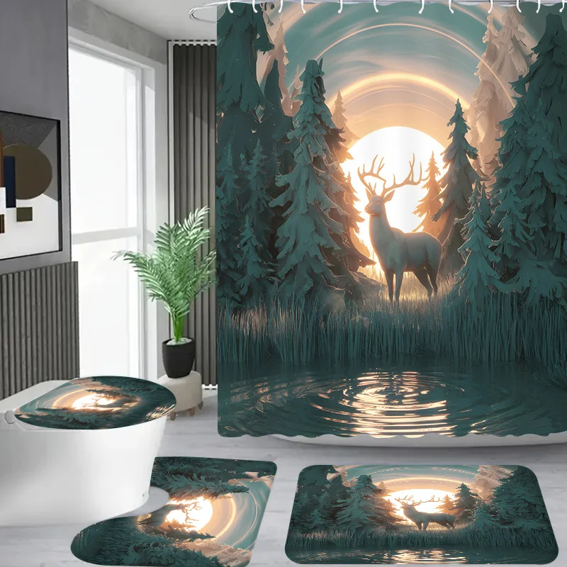 4pcs Forest Sunset and Deer Pattern, Apartment Bathroom, Shower Room Shower Curtain, Hotel Shower Curtain Set, with 12 Hooks