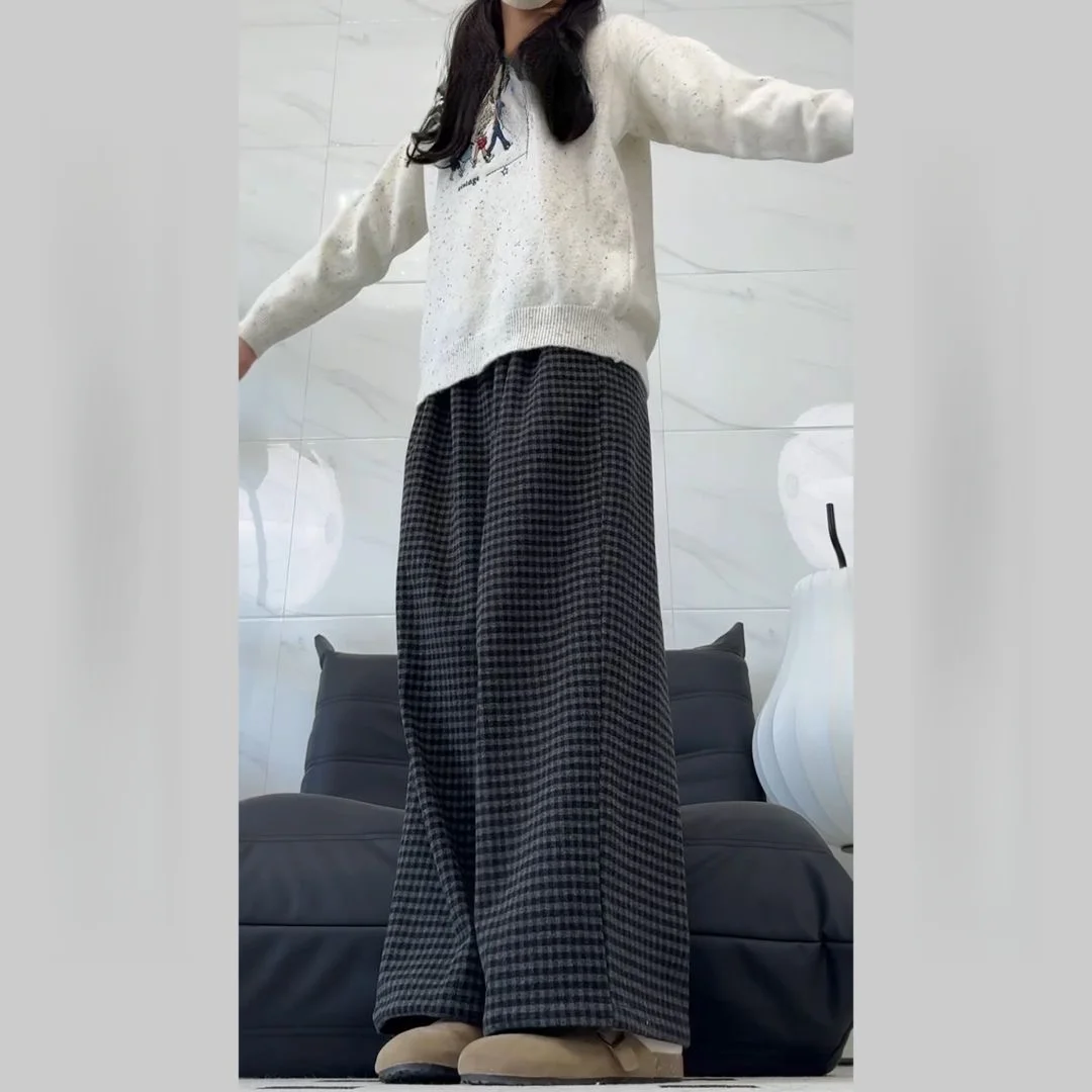 Hose mit weitem Bein, unregelmäßig, für Damen, Herbst, Polyester, A-Linie, Schule, Lounge, kariert, gefüttert, kariert, Jacquard, Damen, Cord, Patchwork, Retro