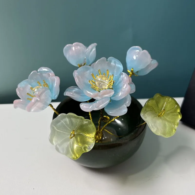 Handmade Mini Potted Plant Lotus Flower Resin Craft Retro Style Desktop Decoration For Living Room Home Decor Artistic Gift