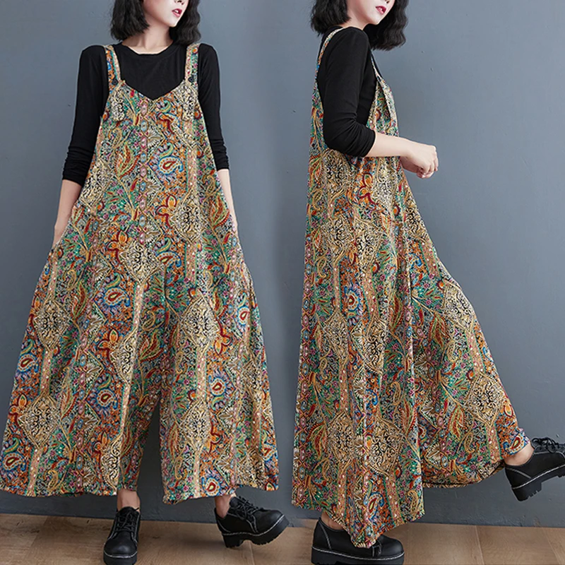 

Новые повседневные комбинезоны с принтом, осенняя женская одежда больших размеров, брюки трапециевидной формы со скрытыми бедрами, юбка, широкие брюки с девятью зубцами