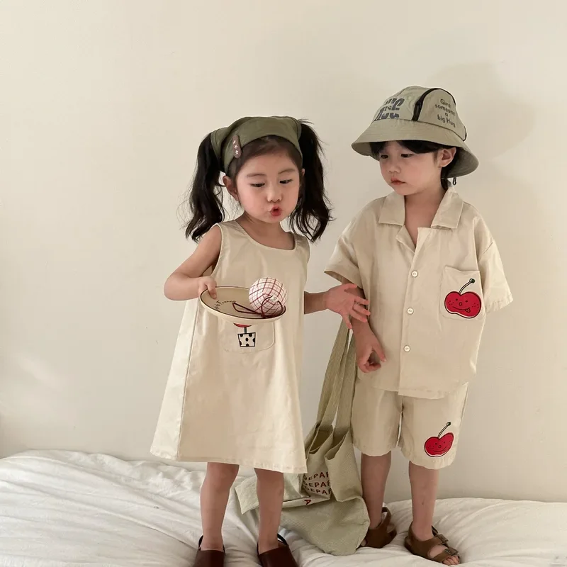 2024 Summer New Children Short Sleeve Clothes Set Kids Boys Shirts Shorts Suit Girls Print Vest Dress Brother Sisters Outfits