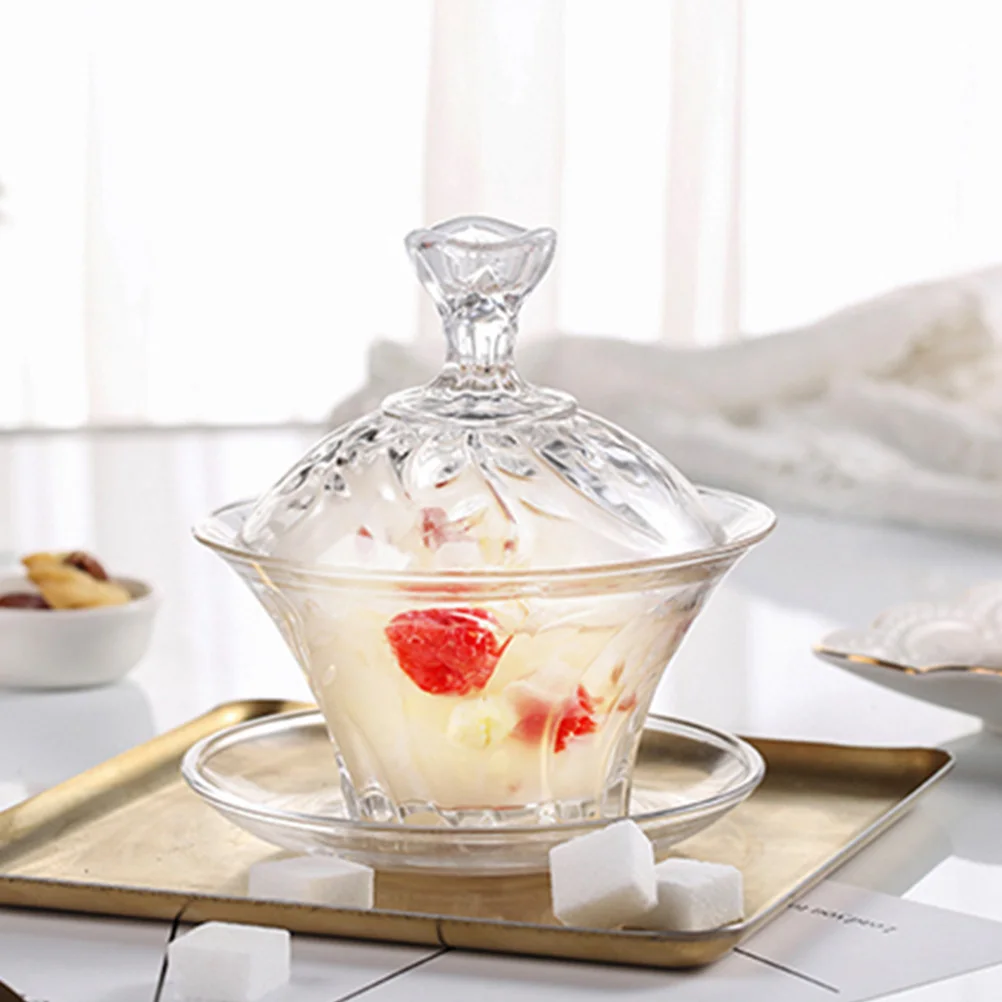 

1 комплект Cubilose, стеклянная миска для десерта, прозрачная крышка, ложка, блюдце, креативный дизайн для вечеринки, свадьбы, семейного сбора, многоцелевой