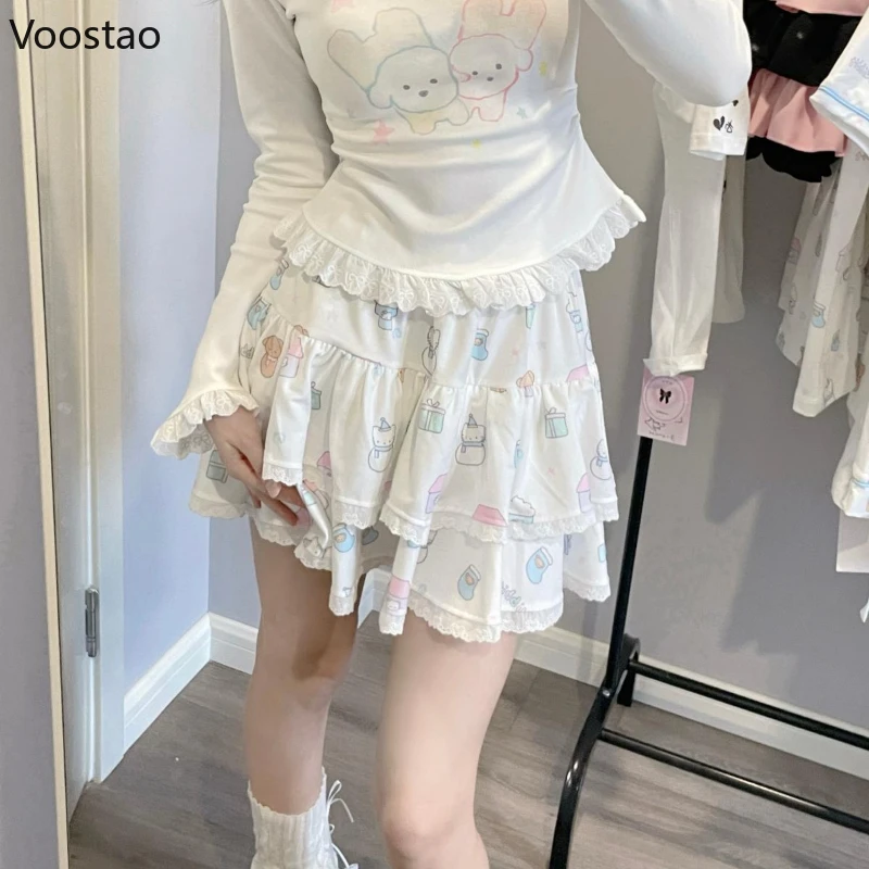 Cartoon Print Sweet Lolita Cake Skirt Women Harajuku Y2k Lace Ruffle Pleated Mini Skirts Japanese Cute Elastic Waist Short Skirt