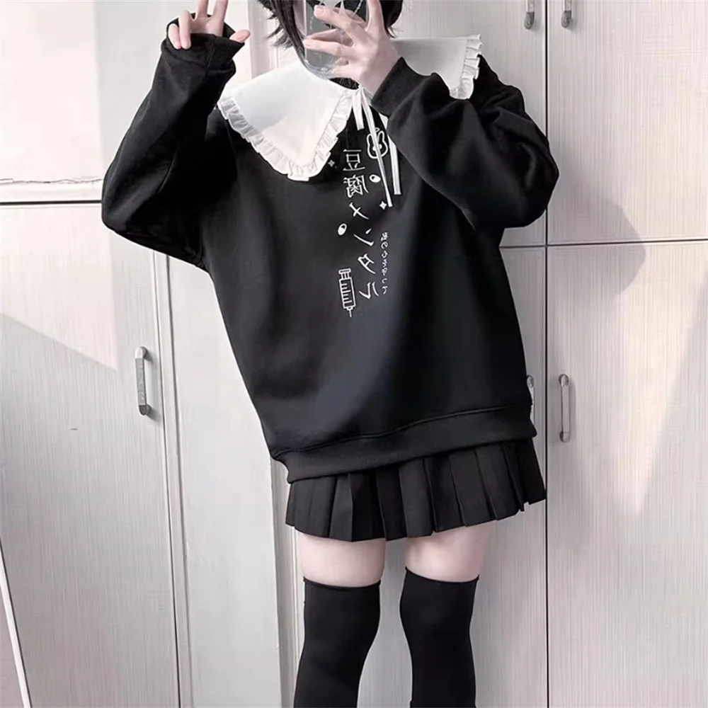 화이트 블랙 Y2k 여성 가을 루즈 캐주얼 피터팬 후드 일본 미네 스타일 서브컬쳐 귀여운 스위트 걸 후디 스웨터셔츠