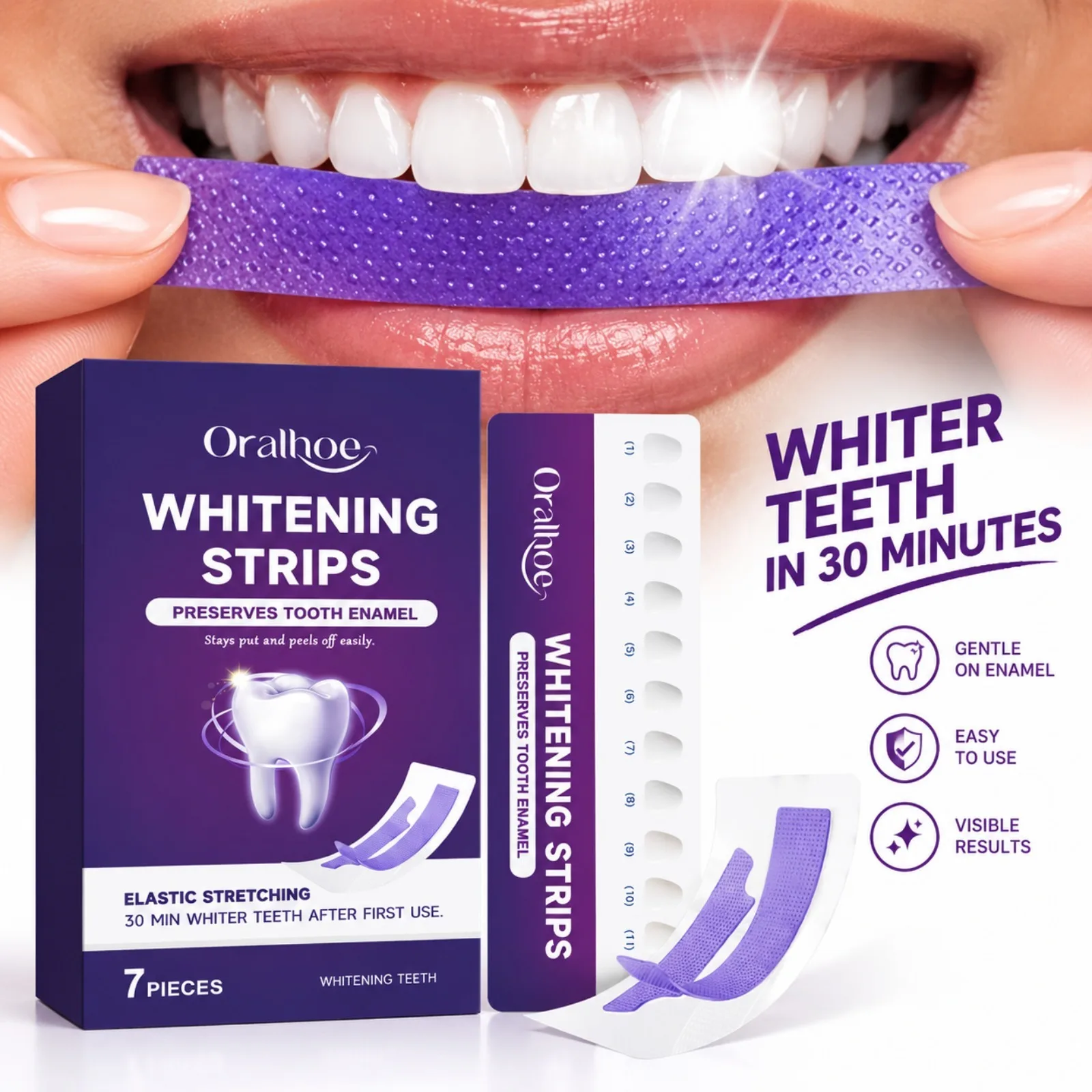 7Pcs Purple Teeth Whitening Strips Remove Yellow Stains Enamel Safe Brightening Teeth Stain Removal Oral Care