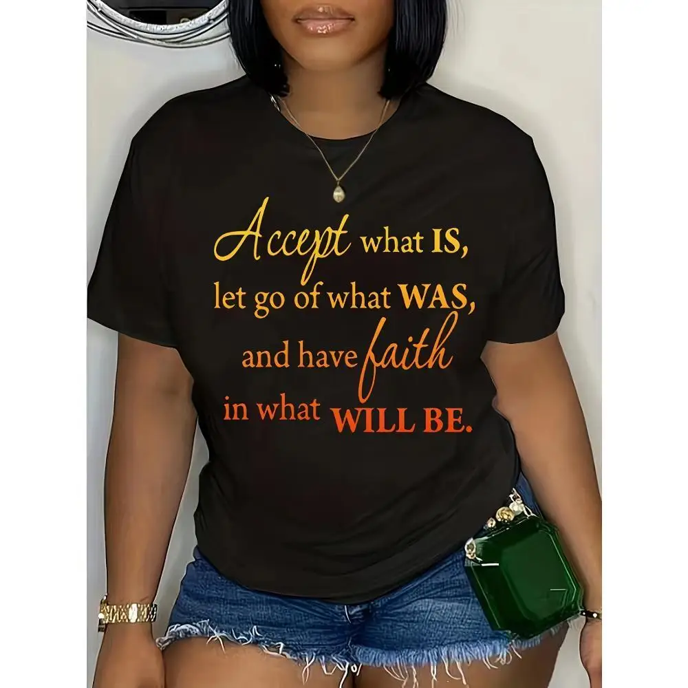 

Plus Size Large Size Casual T Shirt, Women'S Gradient Letter Pattern Short Sleeve Round Neck Mid Stretch Top 0XL 4XL