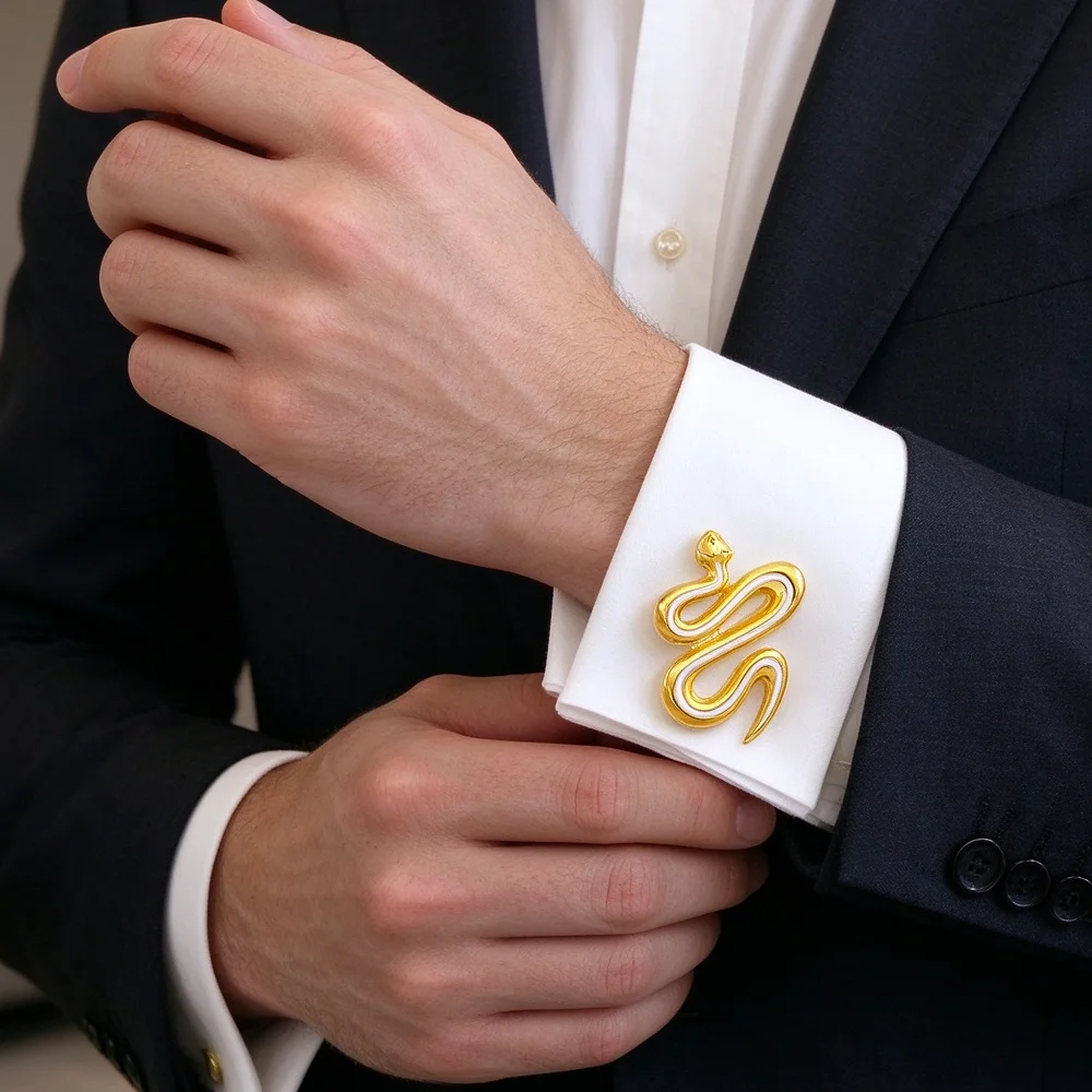 Shiny Gold Snake Shape Cufflinks Enamel Metal Men Shirt Cuff Links Curved Serpent Design Suit Accessories Novelty Animal Gift