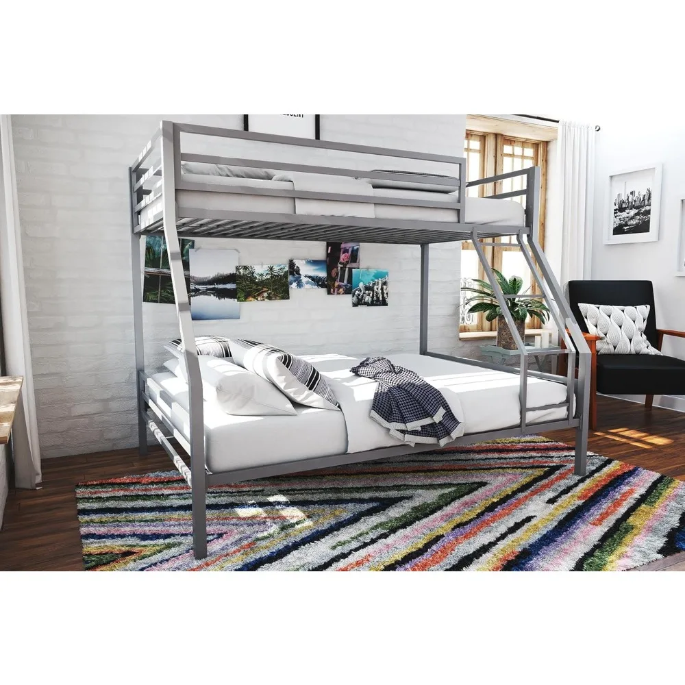 Quadro de beliche de metal para crianças e adolescentes, cama com escada angular, guardrail alto e ripas de metal, sem boxspring necessário