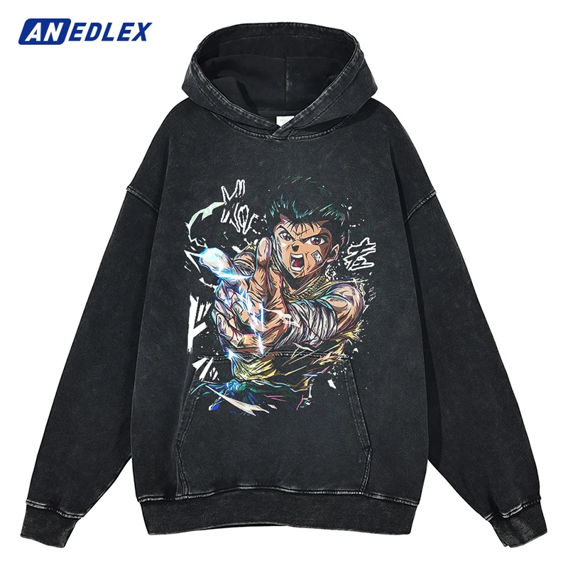 

Hip Hop Streetwear Washed Hooded Sweatshirt Japanese Anime Graphic Men Vintage Hoodie Autumn Harajuku Cotton Oversized Pullover