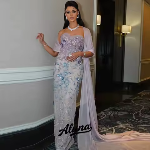 Aluna Customized Elegant Arabic Party Prom Dresses Luxury Beaded Lilac Mermaid Formal Evening Dress With Cape