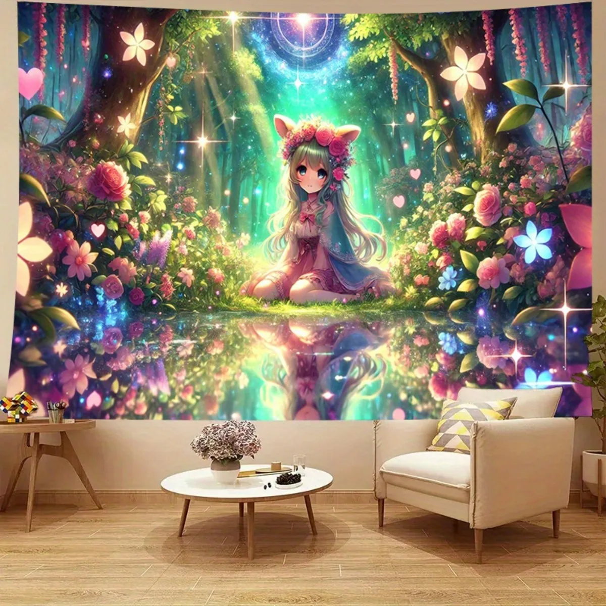 VIKAMA Fantasy Magic Forest Cat Ear Girl Tapestry, Fairy Tale Wall Art for Bedroom Living Room Decor