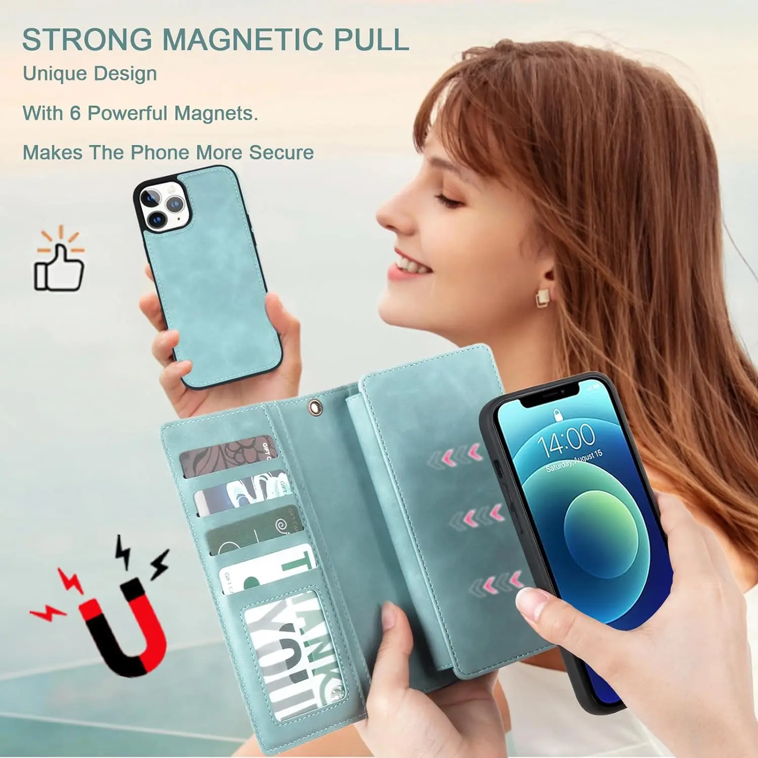 MEGSHI Luxury Detachable Wallet Case for iPhone 15 Pro Max XR XS Max 11 12 13 Pro 14 Plus Magnetic Clasp Premium PU Leather Case