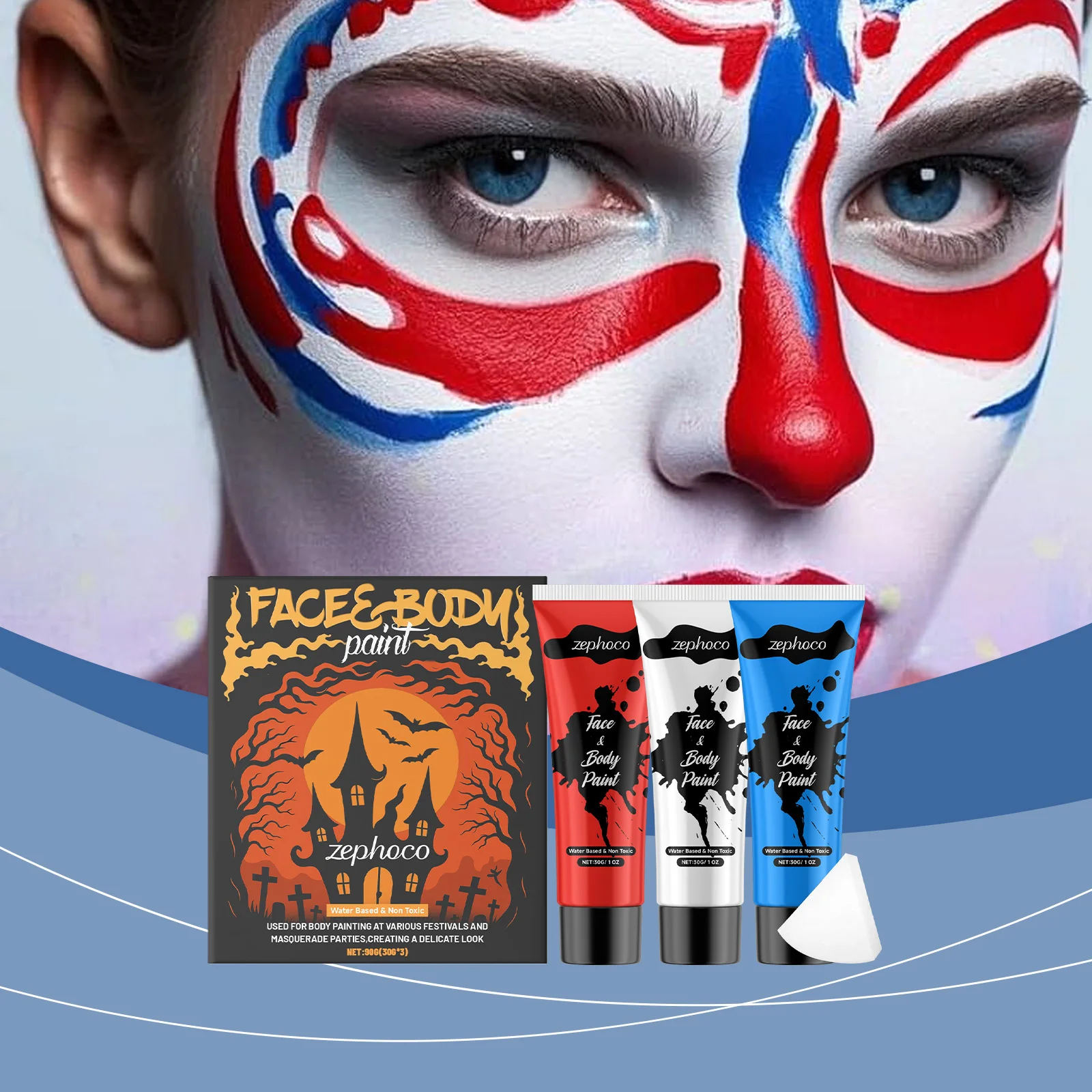 Zephoco Halloween Face Body Paint Set for Kids Adults, High Coverage Washable Non Toxic Paint Kit with Sponge for Party Cosplay Stage