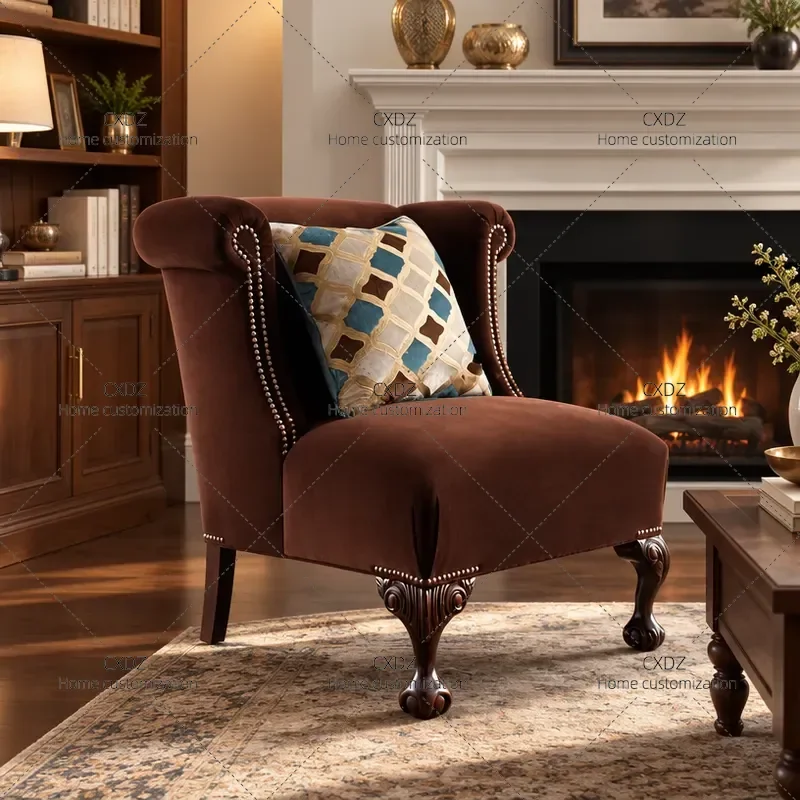 American Solid Wood Sofa Chair French Retro High Back Single Fabric Tiger Chair for Living Room Cafe