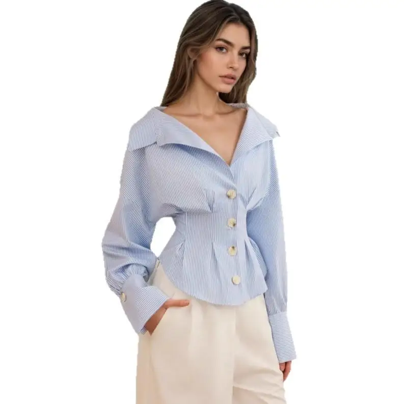 Ele Long Sve irt con pliegues Cintura Cinch Bubble Sve Cuello vuelto Rayado Faion Top versátil para mujer