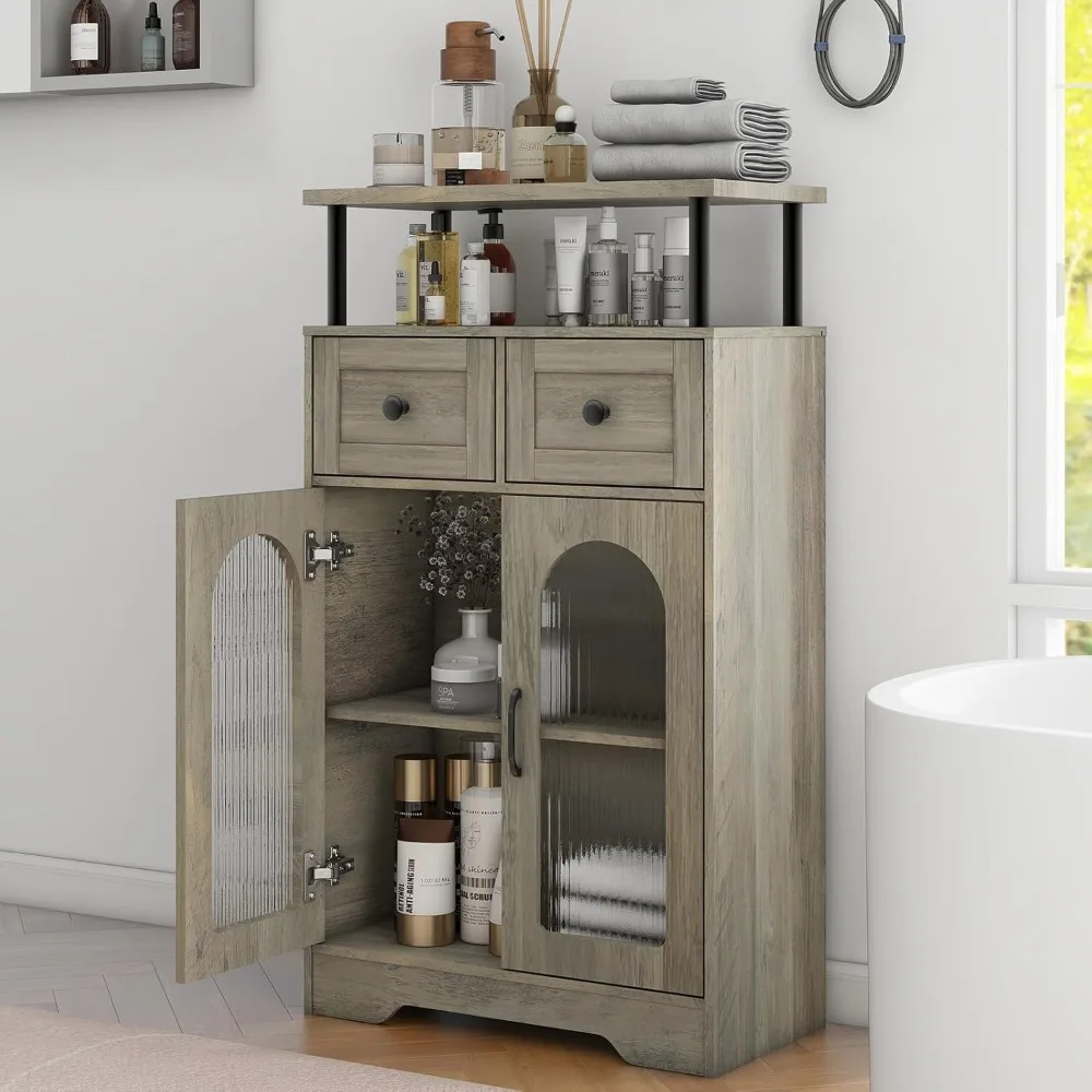 

Bathroom Cabinets, Bathroom Floor Cabinet with Drawers and Shelves, Freestanding Rustic Grey Pantry Cabinet, Bathroom Cabinets.