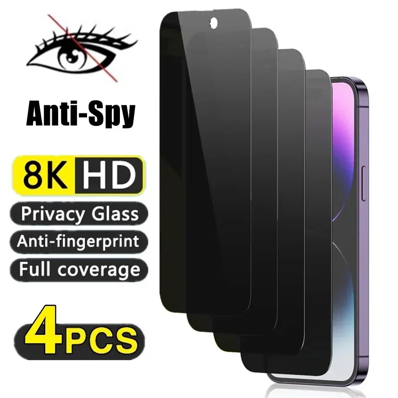 

4PCS Privacy Tempered Glass for iPhone 16 15 14 13 12 11 PRO MAX Plus Anti-Spy Screen Protectors for iPhone X XR XS Max SE Glass