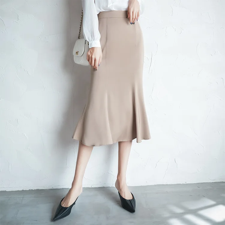 Rok Midi Satin Kualitas Solid Wanita Antik Ritsleting Samping Rok Kantor Wanita Elegan Chic A-line