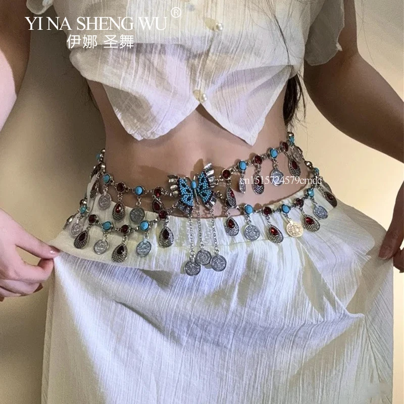 Monedas de aleación Vintage, cadenas largas con borlas para la cintura, accesorios para actuación de danza del vientre, cinturones de danza india, joyería Bohemia Vintage para el cuerpo