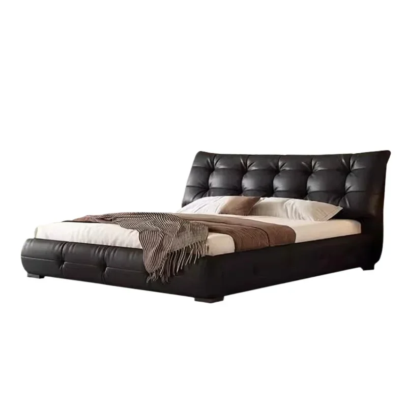 Big black cow leather 2m x 2m 2 bed master bedroom high-end atmospheric double wedding bed