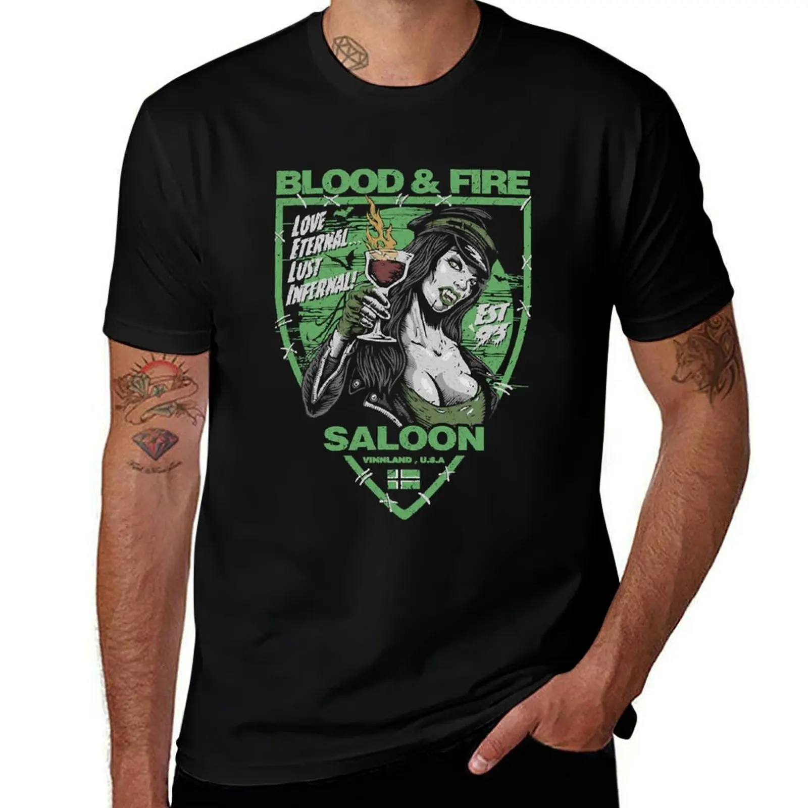 

BLOOD & FIRE SALOON FRONT AND BACK GREEN T-Shirt man t shirt cotton high quality T-Shirt