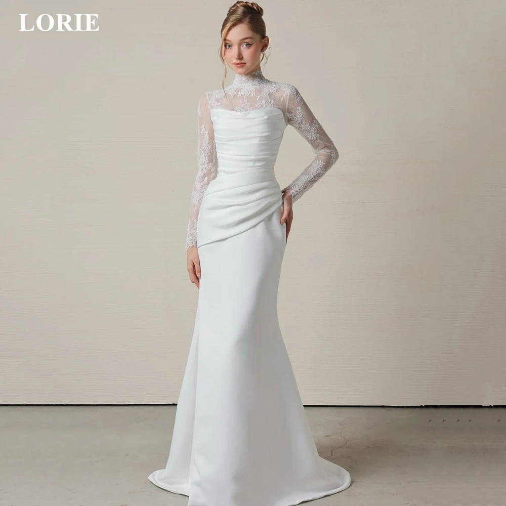 LORIE Elegante Brautkleider aus Satin mit Spitze, Patchwork, plissiert, trägerlos, Brautkleider im Meerjungfrau-Stil, mit Schnürung, Braut-Abschlussballkleid, individuell gestaltet