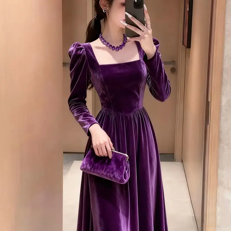 

2026 autumn French retro style purple velvet dress women's collar waist thin temperament socialite dress