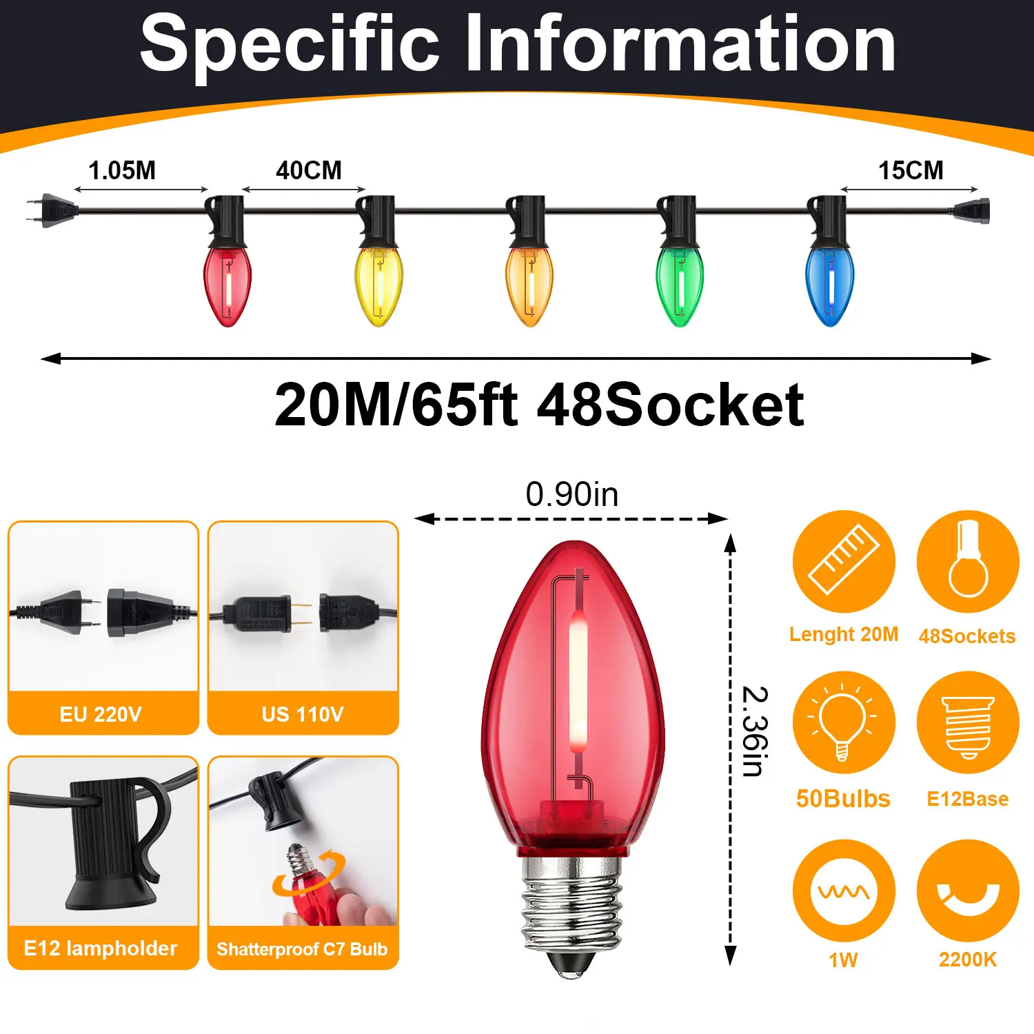 Kleurrijke C7 Lichtslinger 220V EU 110V US Street Garlandt E12 Kunststoffen Onbreekbaar Waterdicht voor Outdoor Yard decoratie Licht