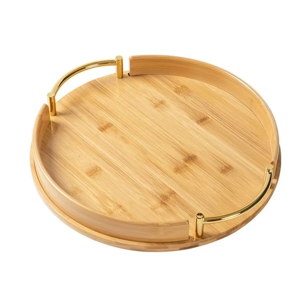 

Vintage Round Shape Bamboo Tray Large Capacity Exquisite Design Fruit Plate Handmade With Handles Fast Food Tray Household Use