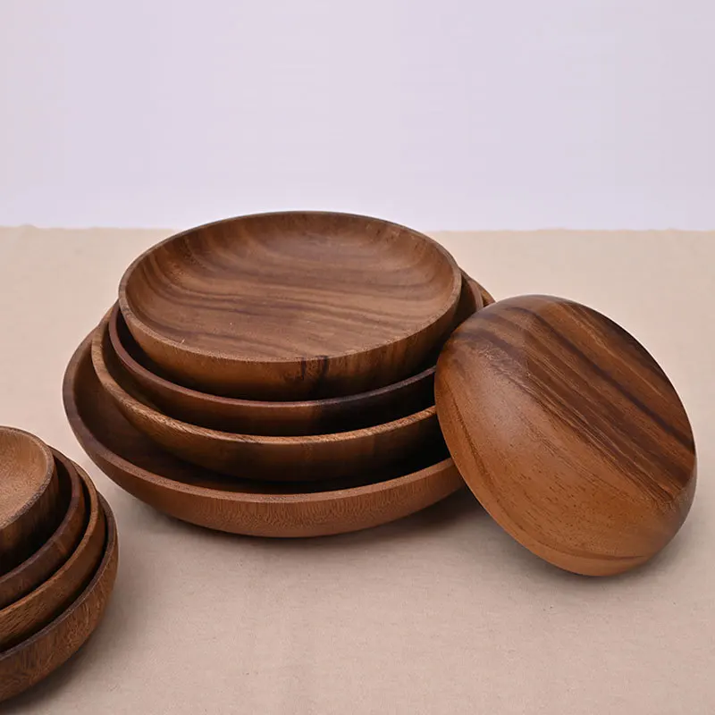 Origin Acacia Mangium round Fruit Plate Solid Wood Sauce Saucer National Trendy Style Creative Wooden Plate Large Quantity