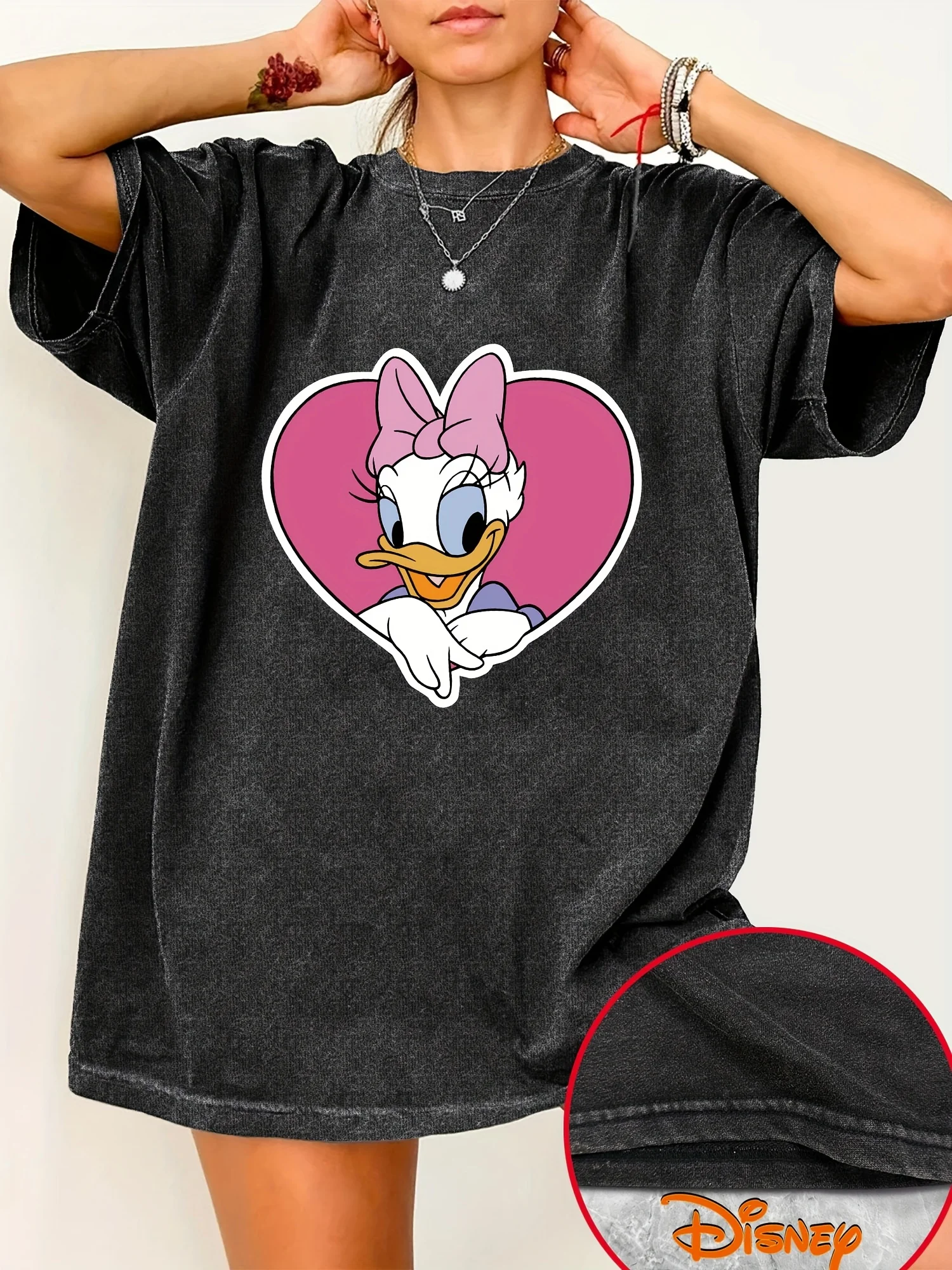

Disney Women's Casual Short Sleeve T-Shirt - Pink Heart Cartoon Printed Loose Version Crew Neck Summer Top